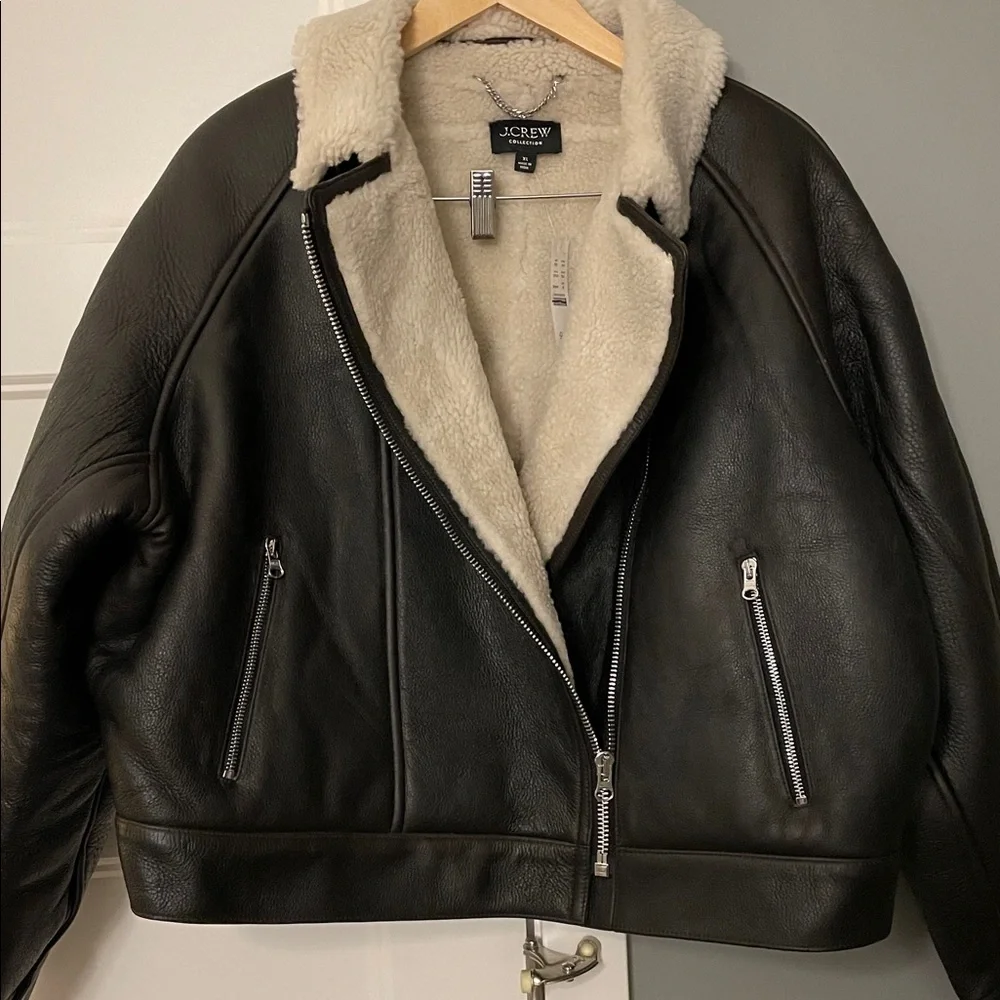 J. Crew Collection Black Leather Shearling Moto‎ Zip Up Jacket XL